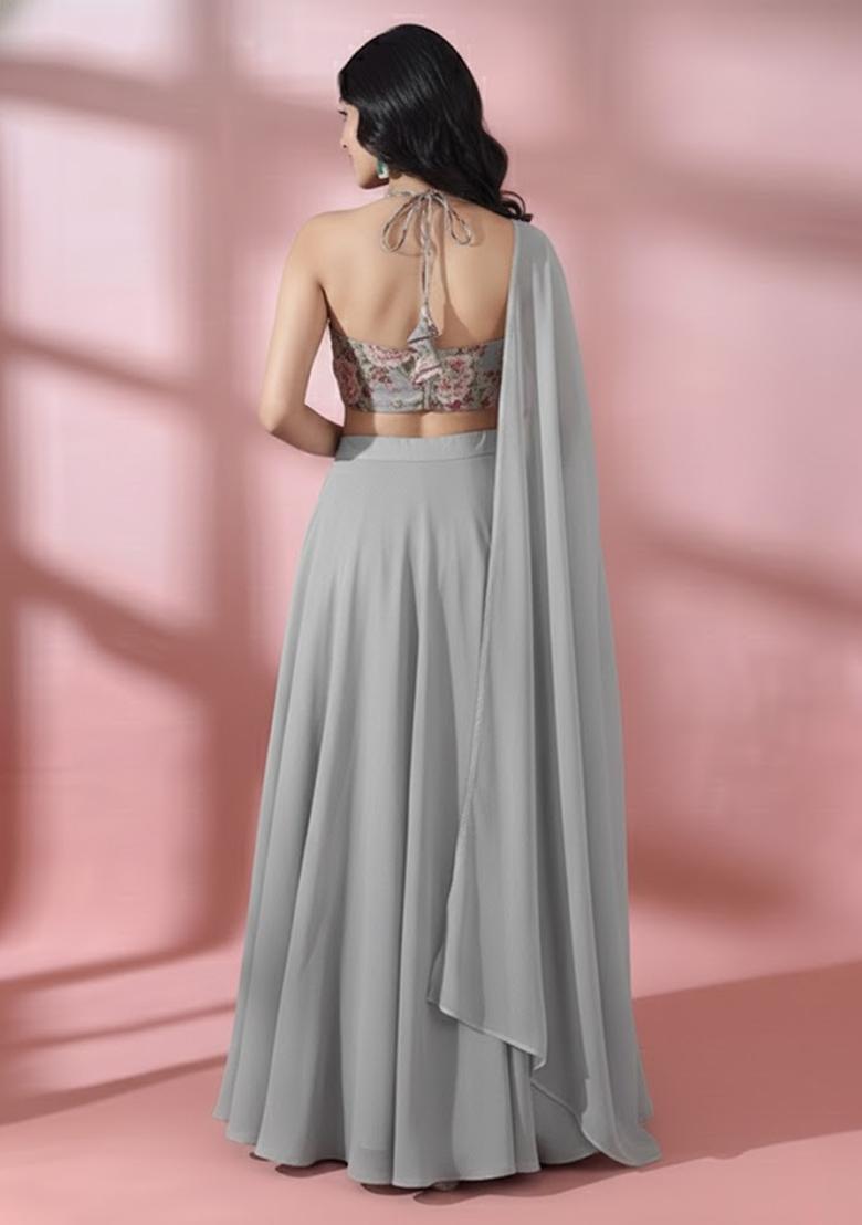 Grey Floral Print Georgette Lehenga Set - Indya