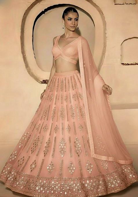 Peach Embellished Georgette Lehenga Set