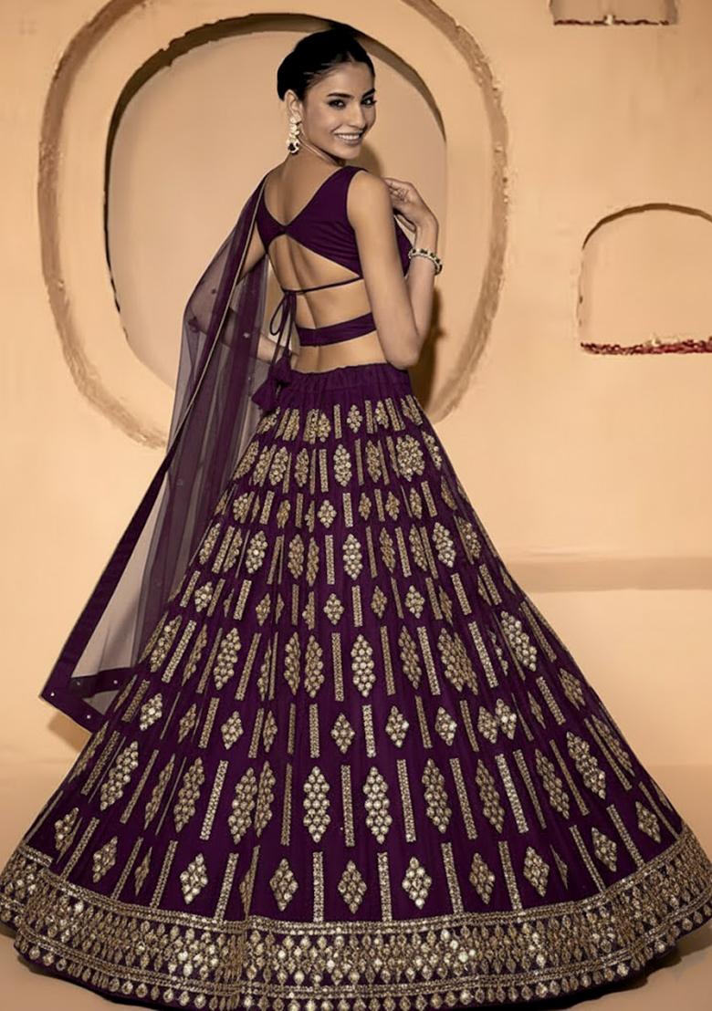 Deep Plum Embellished Georgette Lehenga Set - Indya