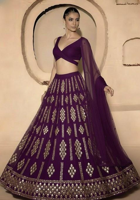 Deep Plum Embellished Georgette Lehenga Set