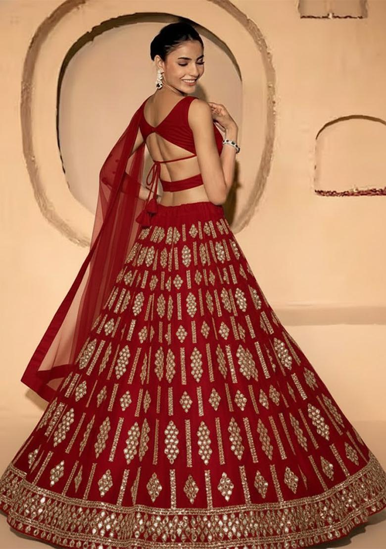 Red Embellished Georgette Lehenga Set - Indya