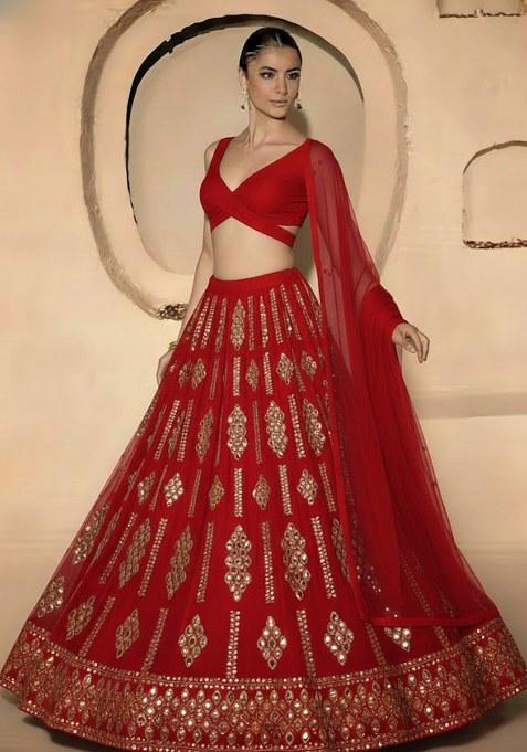 Red Embellished Georgette Lehenga Set