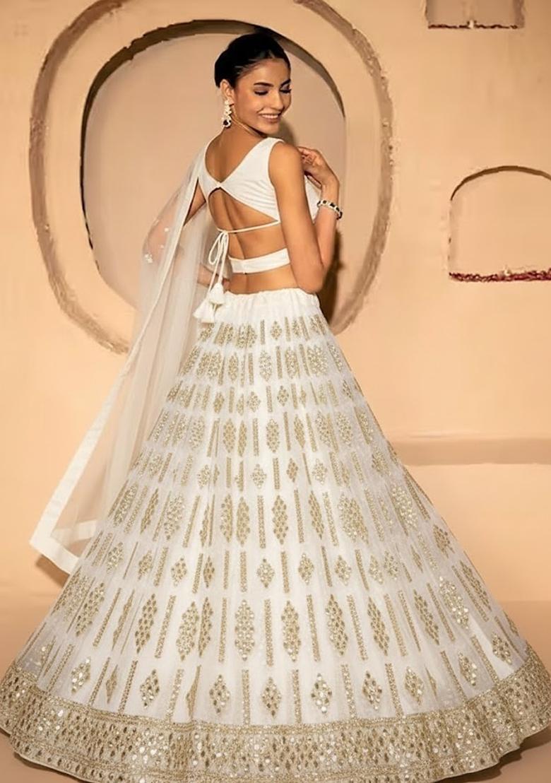 Ivory Embellished Georgette Lehenga Set - Indya