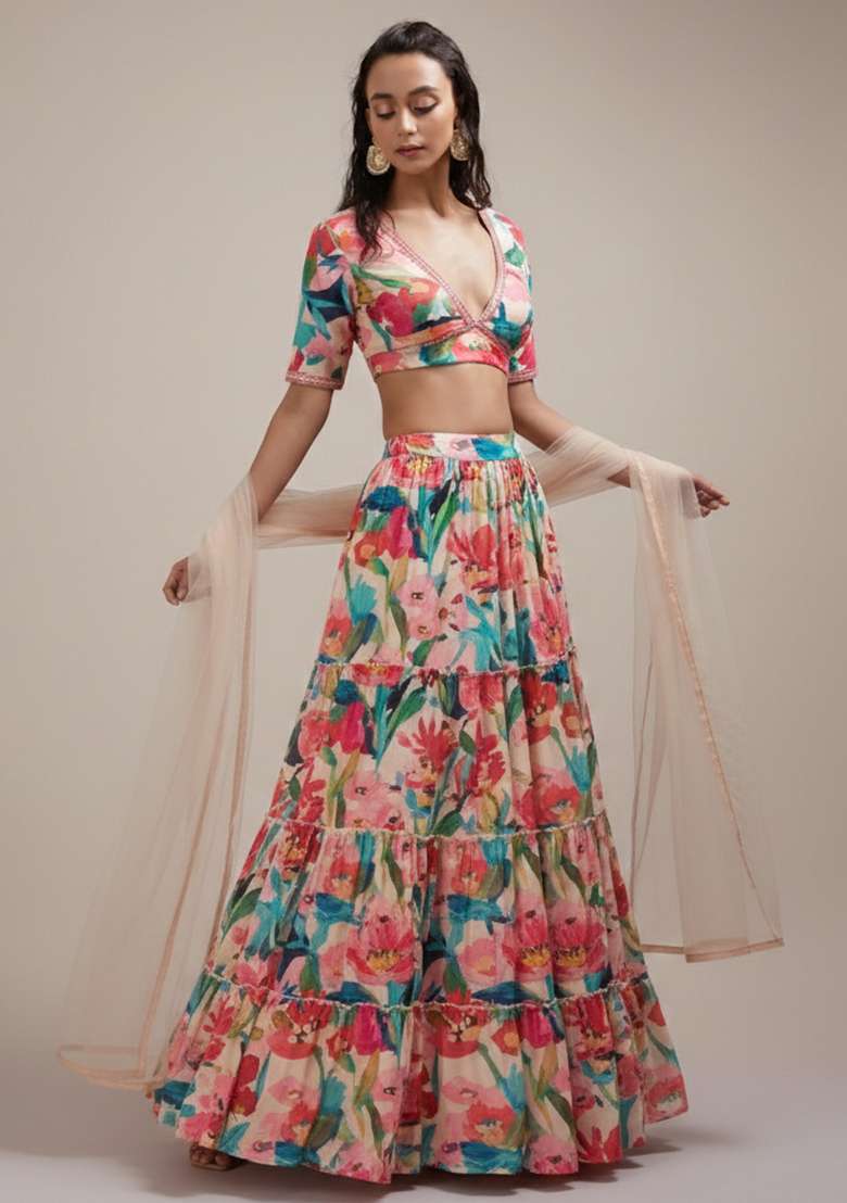 Multicolor Floral Print Crepe Lehenga Set for Diwali and Festive Wear - Indya
