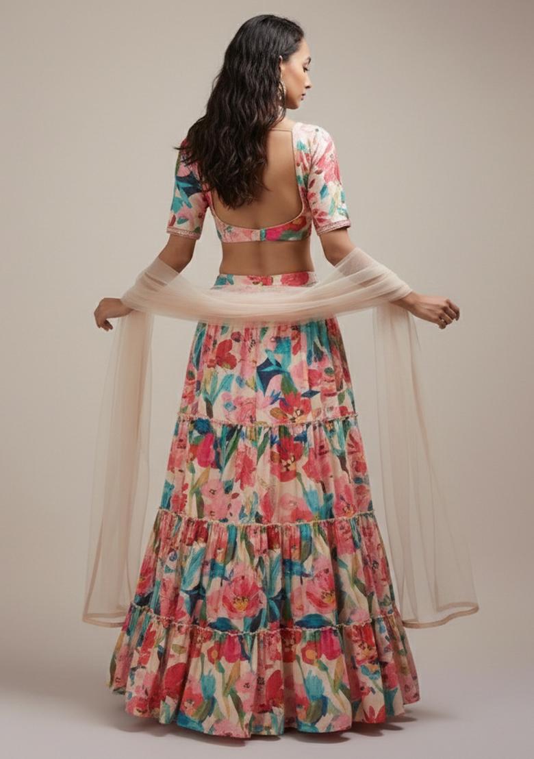 Multicolor Floral Print Crepe Lehenga Set - Indya