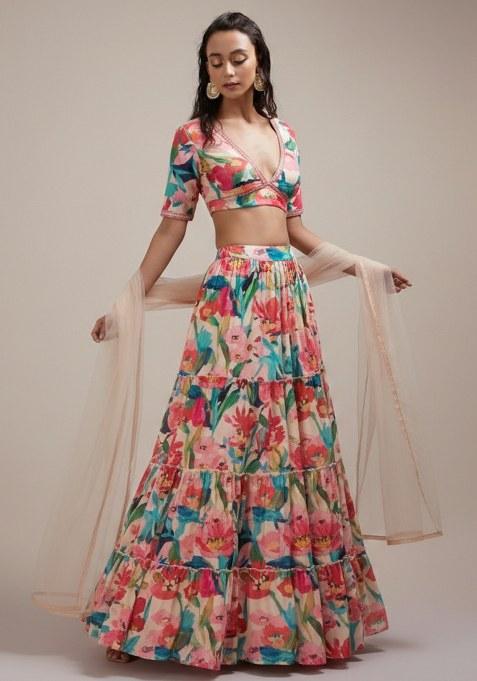 Multicolor Floral Print Crepe Lehenga Set