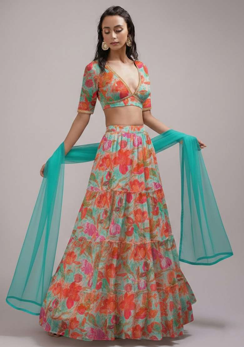 Aqua Blue Crepe Lehenga Set with Floral Print for Diwali | Wedding & Festive Wear - Indya