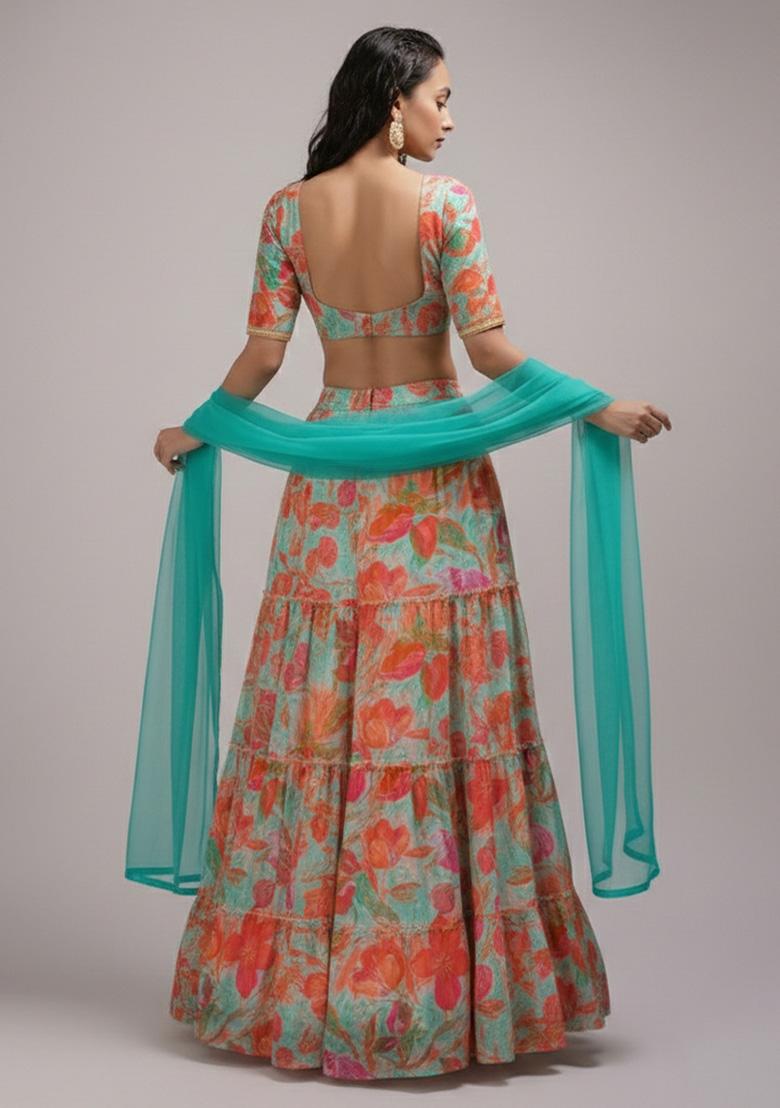 Aqua Blue Floral Print Crepe Lehenga Set - Indya