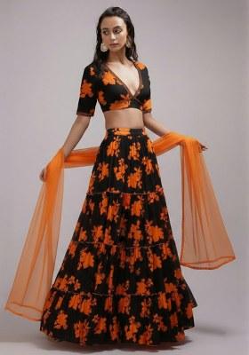 Blush Pink Floral Print Crepe Lehenga Set