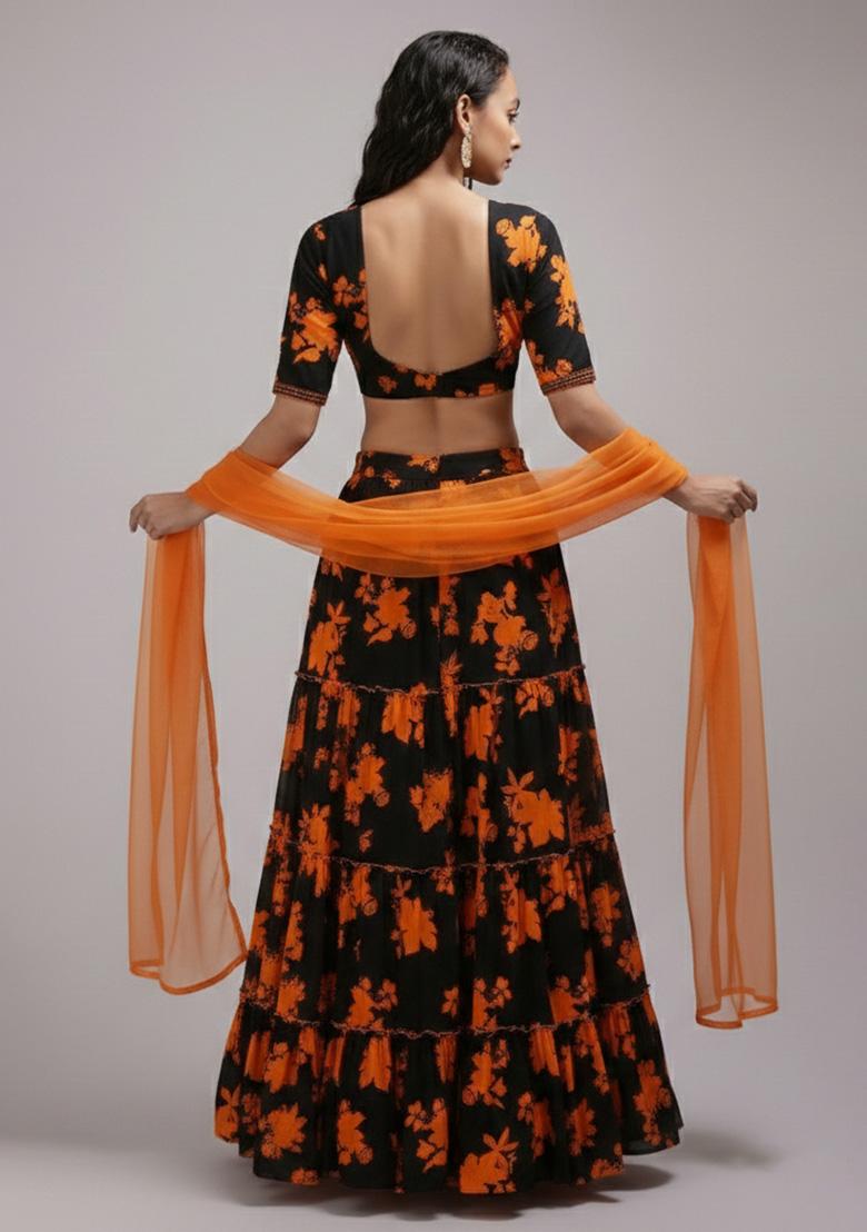 Blush Pink Floral Print Crepe Lehenga Set - Indya