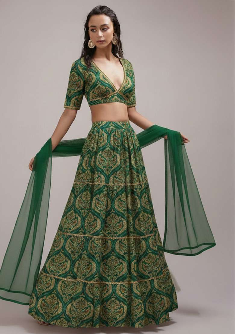 Dark Green Crepe Lehenga Set with Printed for Diwali | Wedding & Festive Wear - Indya
