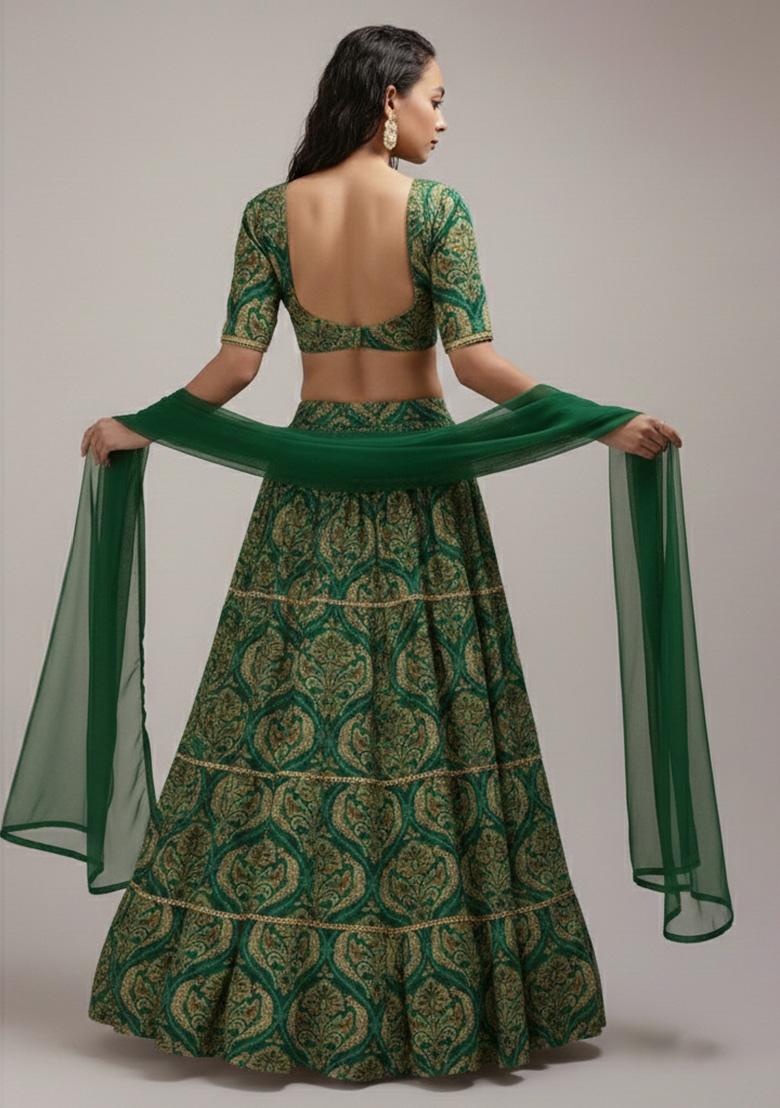 Dark Green Printed Crepe Lehenga Set - Indya