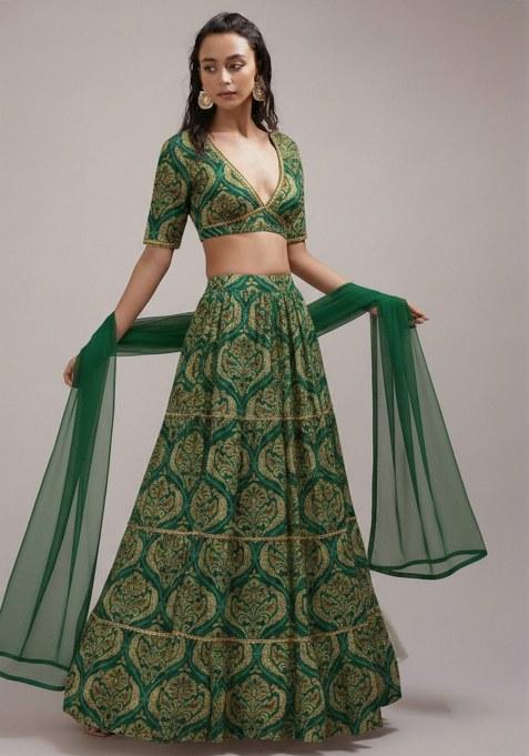 Dark Green Printed Crepe Lehenga Set — view on Indya
