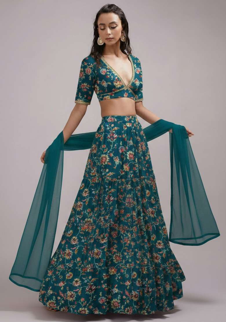 Teal Blue Floral Print Crepe Lehenga Set for Diwali and Festive Wear - Indya