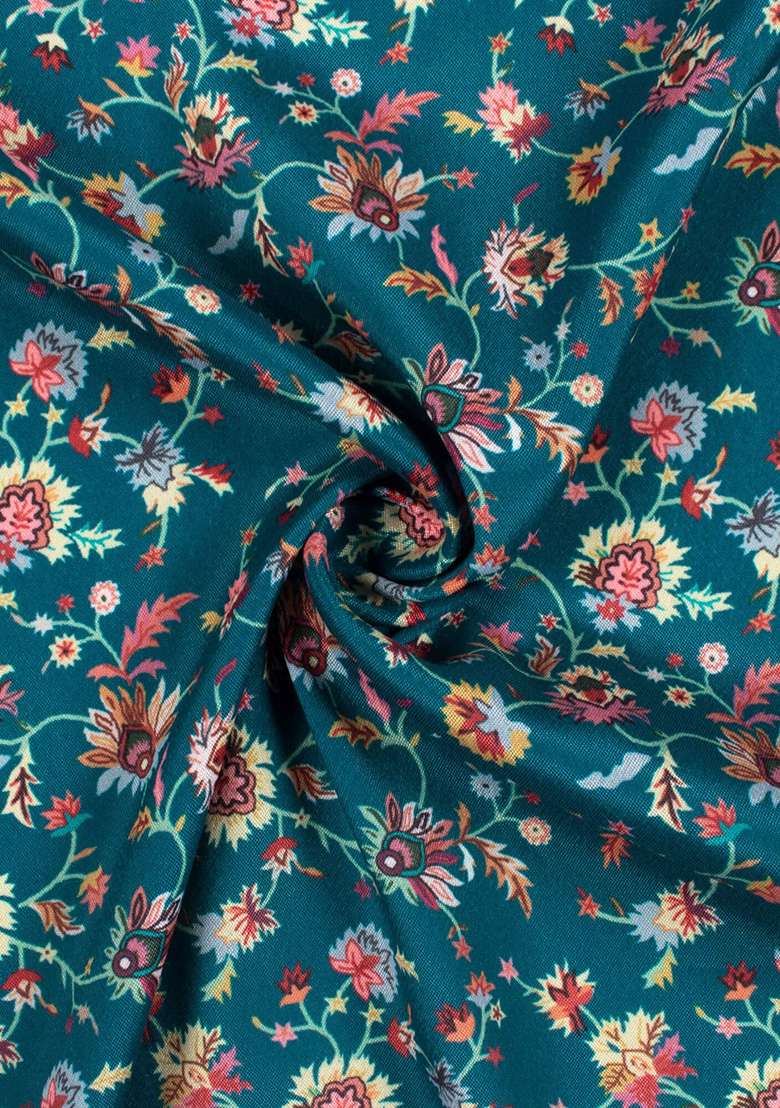 Teal Blue Floral Print Crepe Lehenga Set for Diwali and Festive Wear - Indya