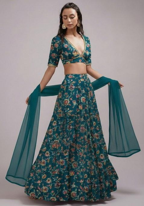 Teal Blue Floral Print Crepe Lehenga Set