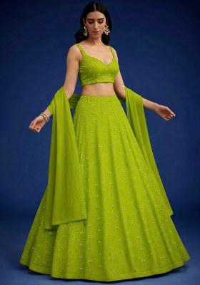 Lime Green Embroidered Organza Lehenga Set