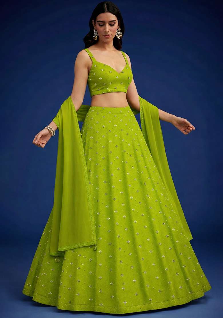 Lime Green Embroidered Organza Lehenga Set - Indya