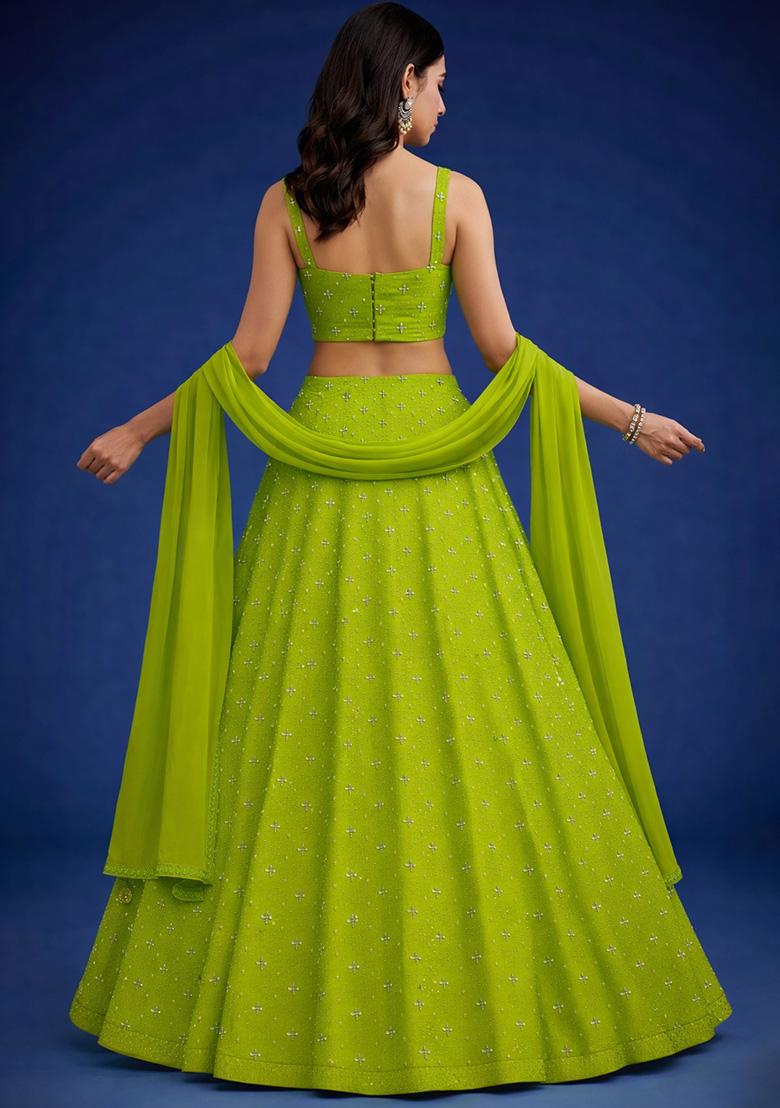 Lime Green Embroidered Organza Lehenga Set - Indya