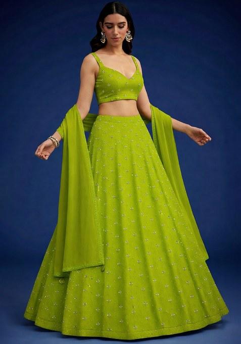 Lime Green Embroidered Organza Lehenga Set — view on Indya