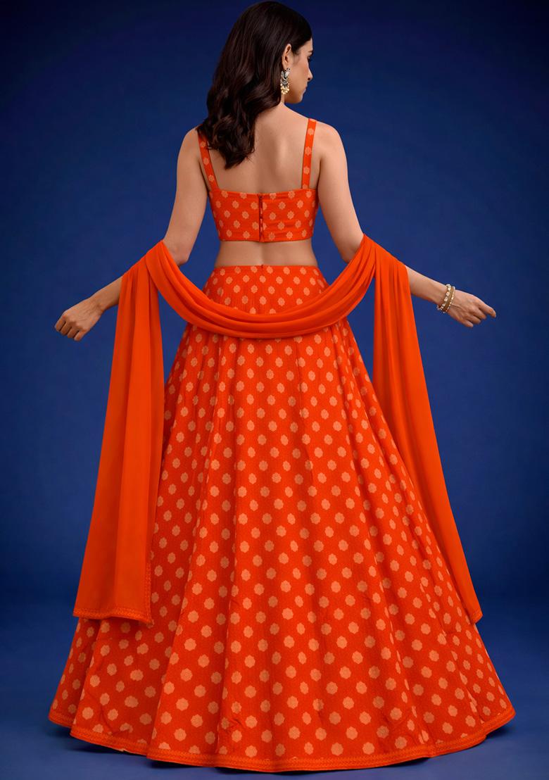 Coral Orange Silk Lehenga Set - Indya