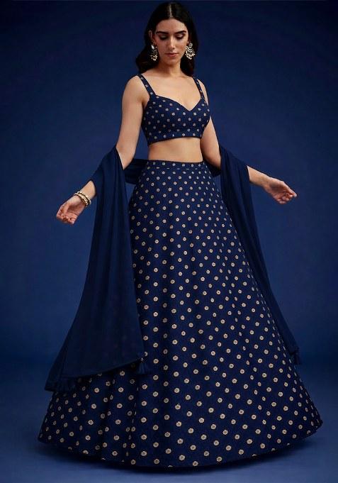 Navy Blue Silk Lehenga Set — view on Indya