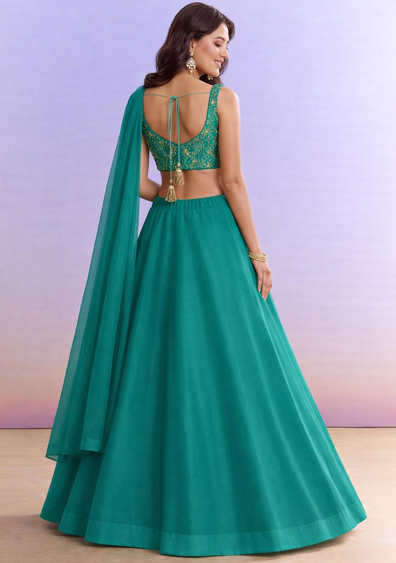 Emerald Green Embroidered Georgette Lehenga Set - Indya