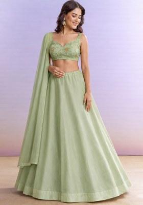 Powder Green Embroidered Georgette Lehenga Set