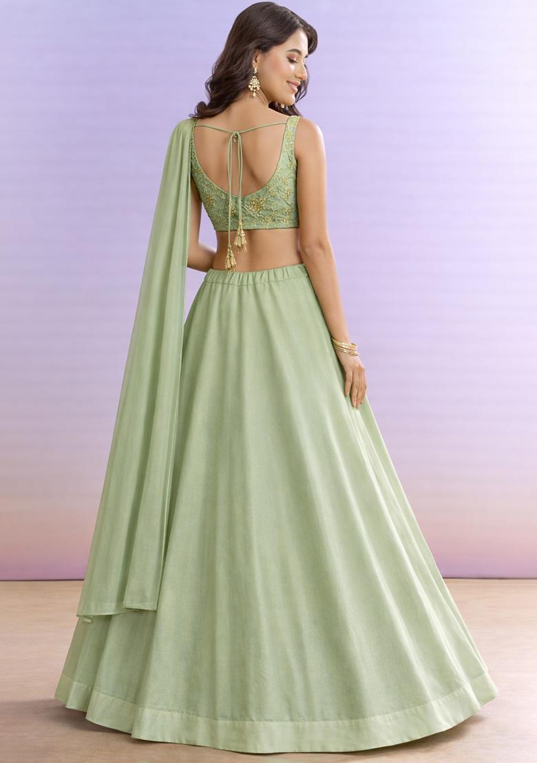 Powder Green Embroidered Georgette Lehenga Set - Indya