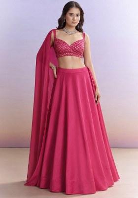 Rani Pink Mirror Work Net Lehenga Set