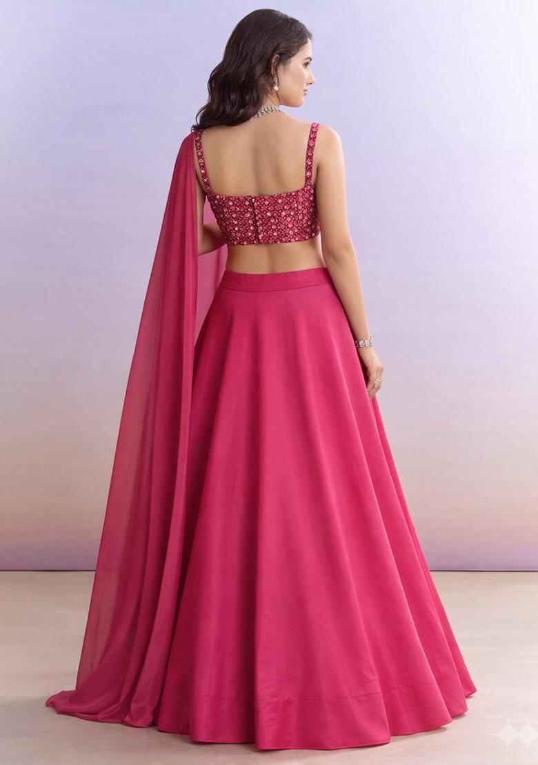 Rani Pink Mirror Work Net Lehenga Set - Indya