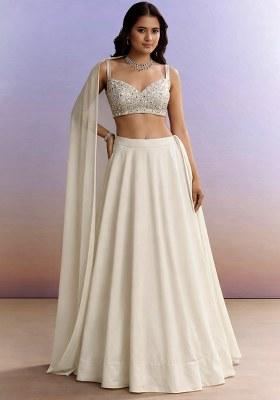 Off White Mirror Work Net Lehenga Set