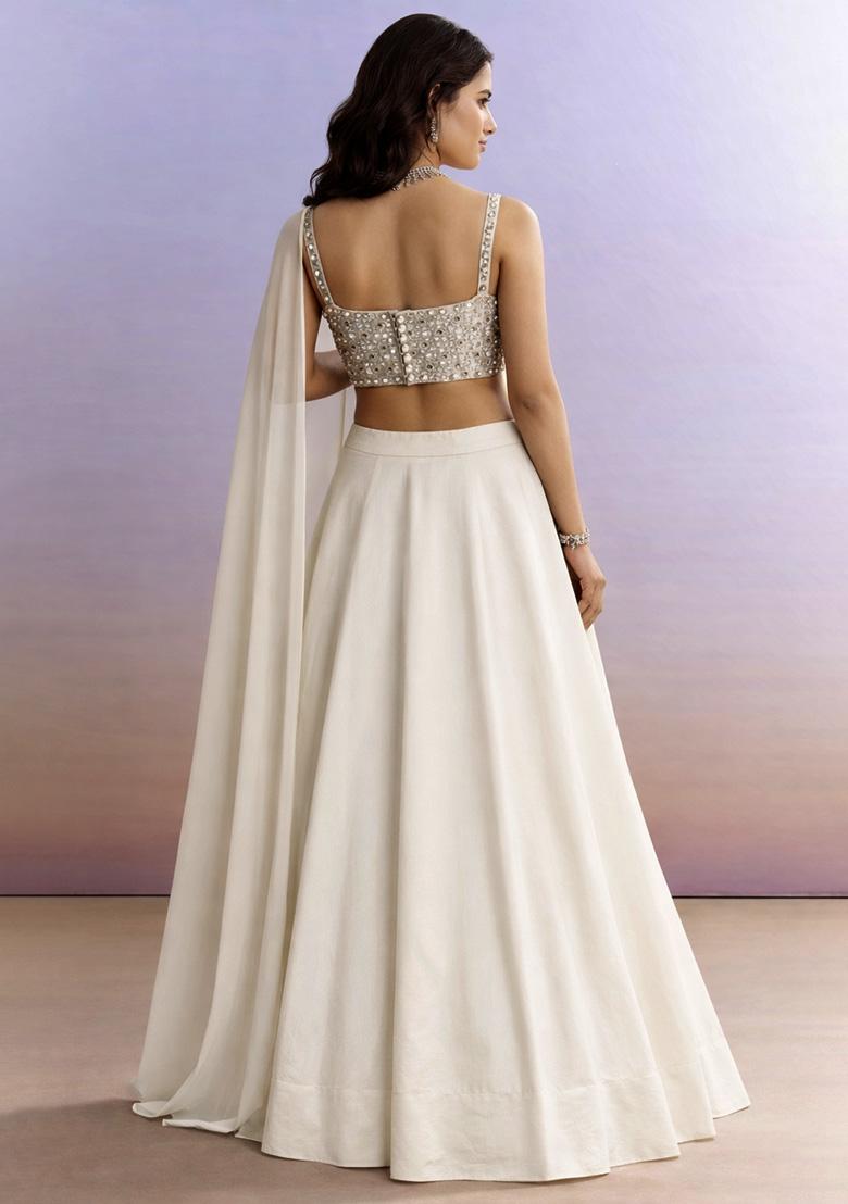 Off White Mirror Work Net Lehenga Set - Indya