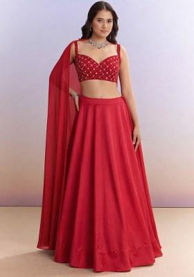 Deep Red Mirror Work Net Lehenga Set