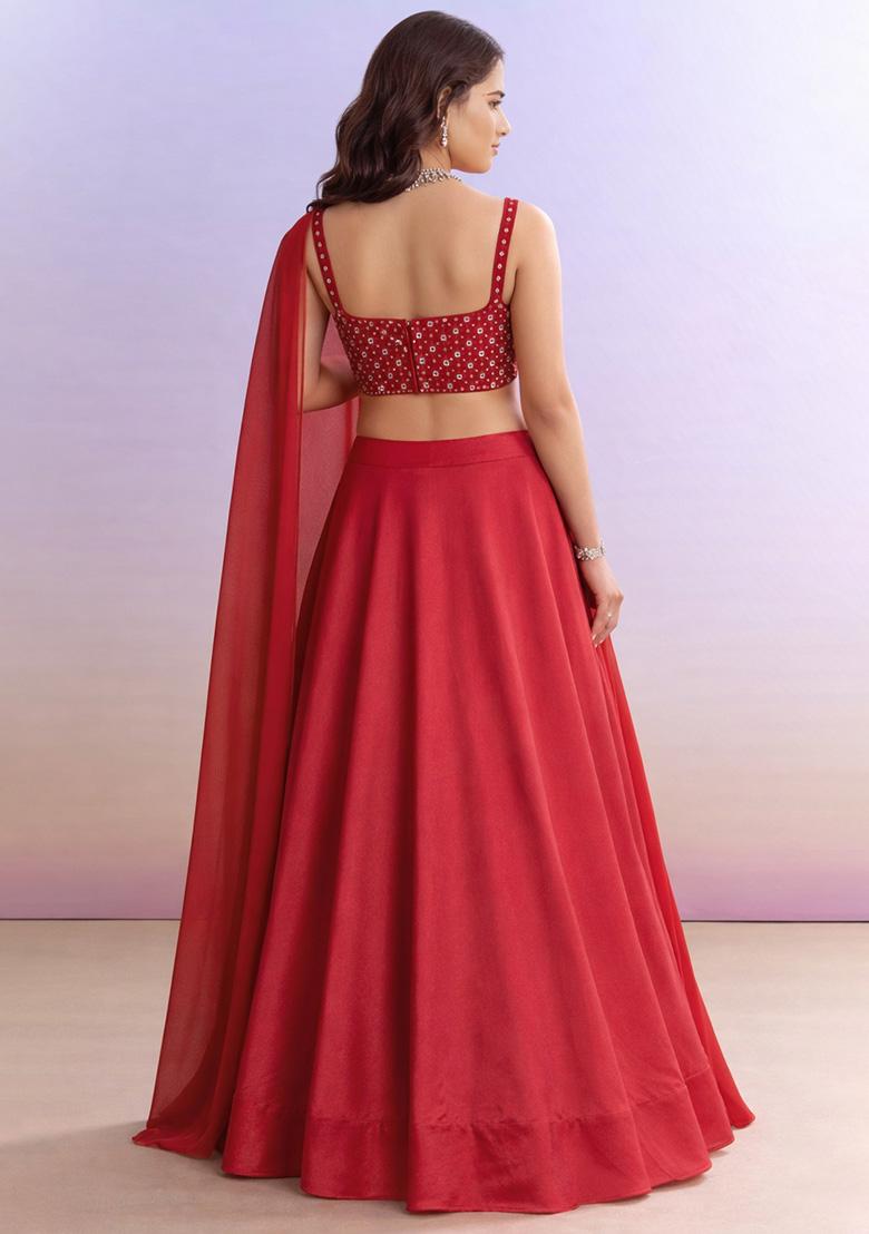 Deep Red Mirror Work Net Lehenga Set - Indya
