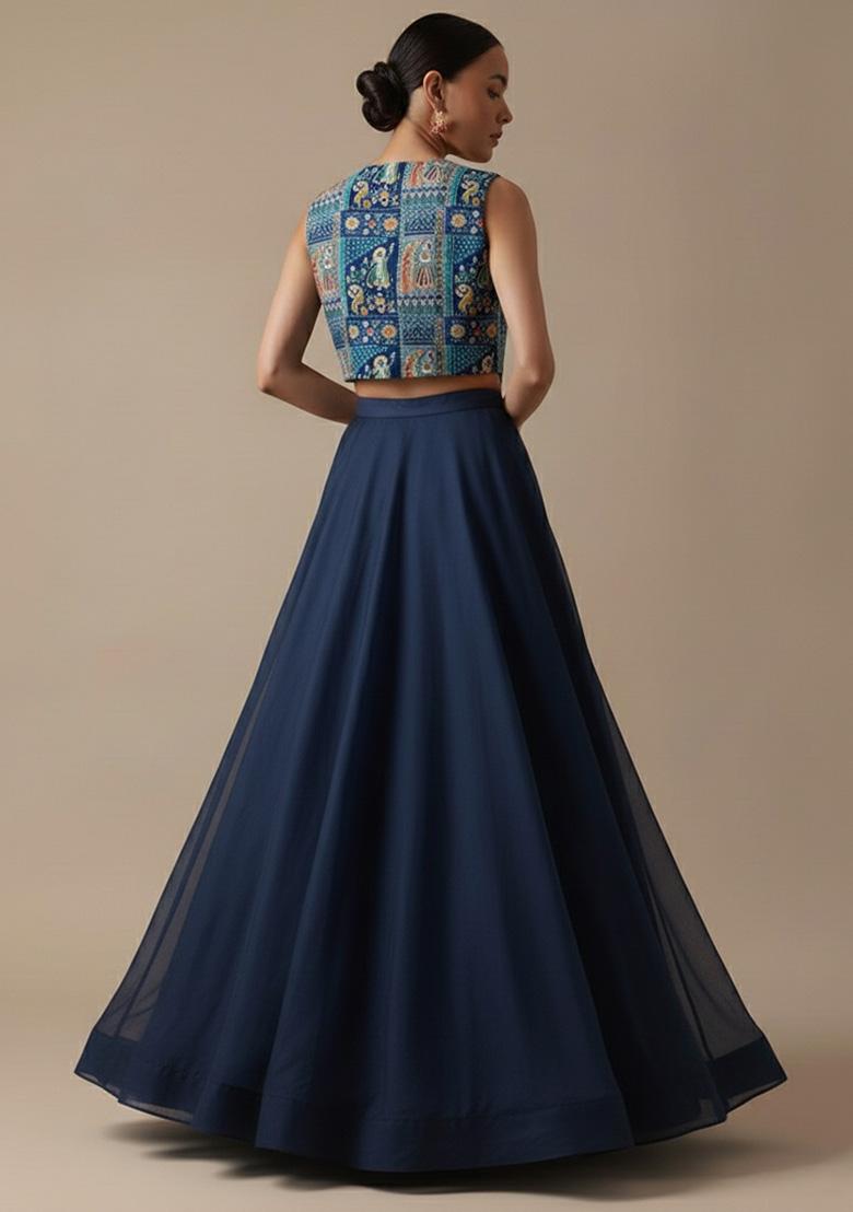 Navy Blue Figure Print Chinon Lehenga Set - Indya