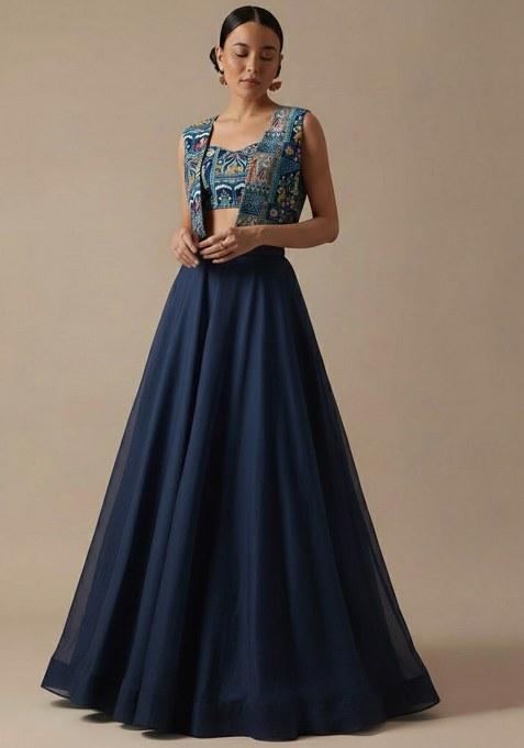 Navy Blue Figure Print Chinon Lehenga Set