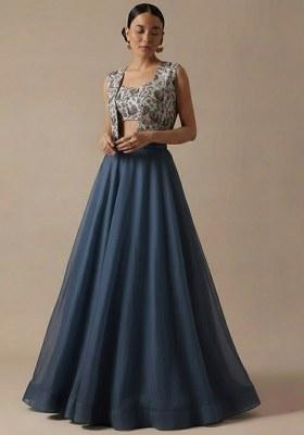 Steel Blue Figure Print Crepe Lehenga Set