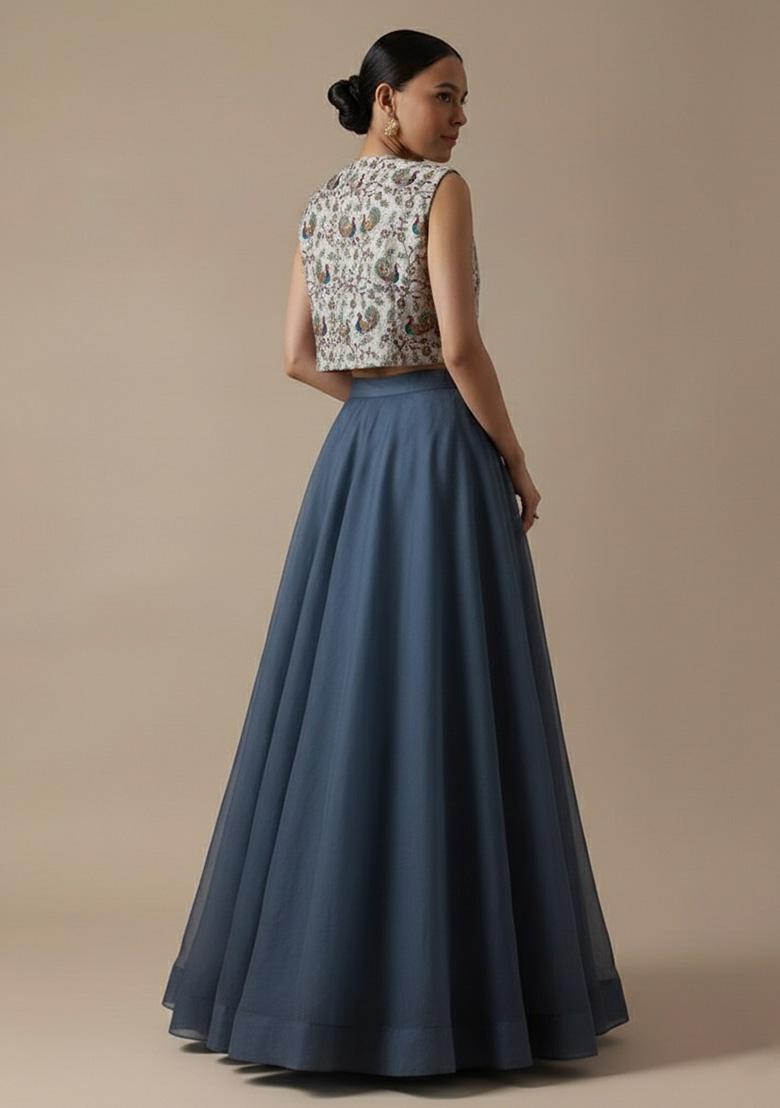 Steel Blue Figure Print Crepe Lehenga Set - Indya