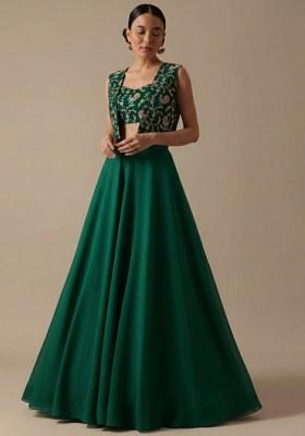 Dark Green Figure Print Crepe Lehenga Set