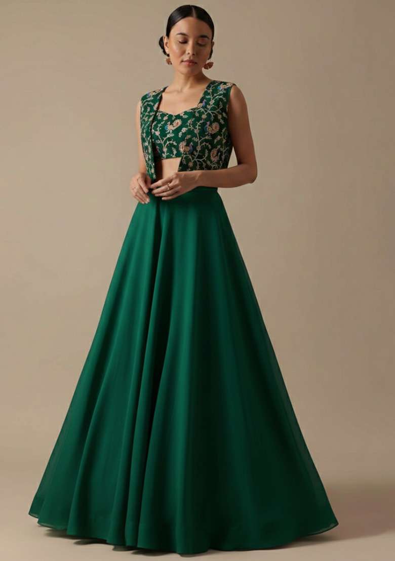 Dark Green Figure Print Crepe Lehenga Set - Indya