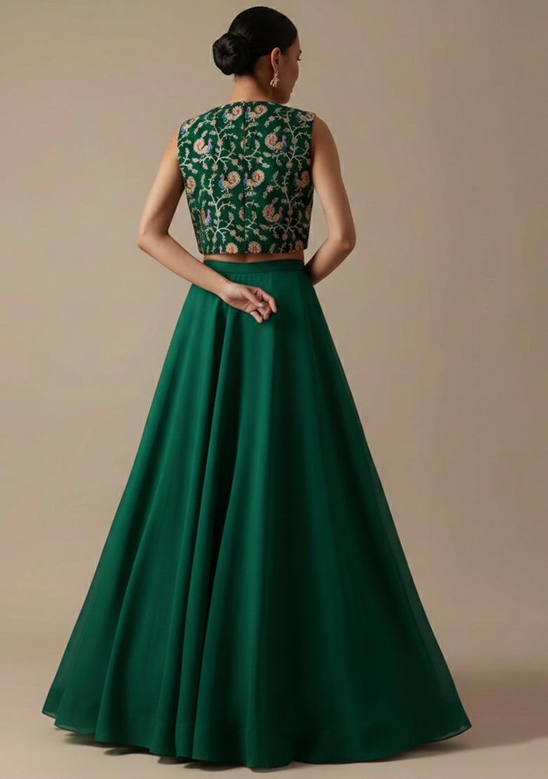 Dark Green Figure Print Crepe Lehenga Set - Indya