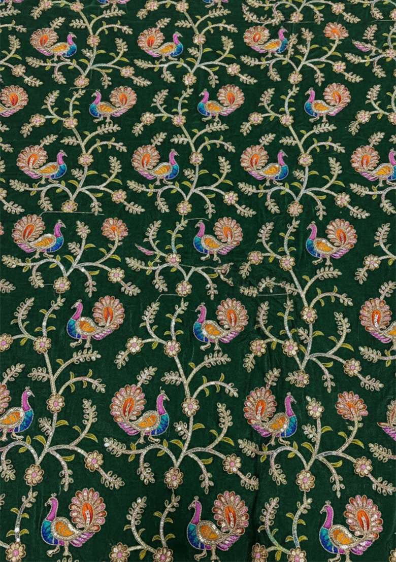 Dark Green Figure Print Crepe Lehenga Set - Indya