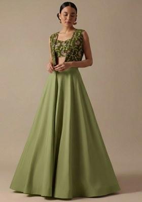Olive Green Figure Print Crepe Lehenga Set