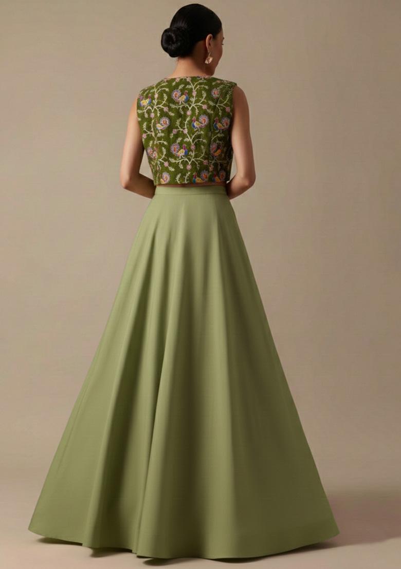 Olive Green Figure Print Crepe Lehenga Set - Indya