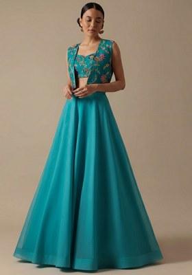 Teal Blue Figure Print Crepe Lehenga Set