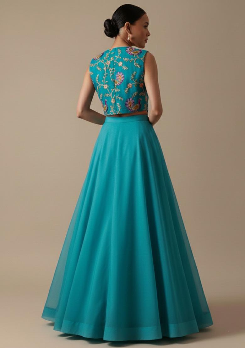 Teal Blue Figure Print Crepe Lehenga Set - Indya