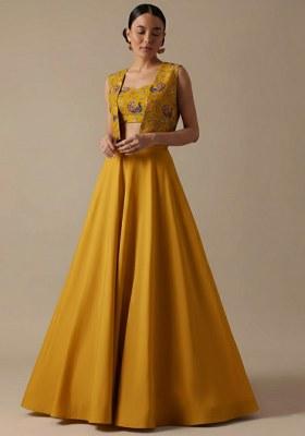Mustard Figure Print Crepe Lehenga Set