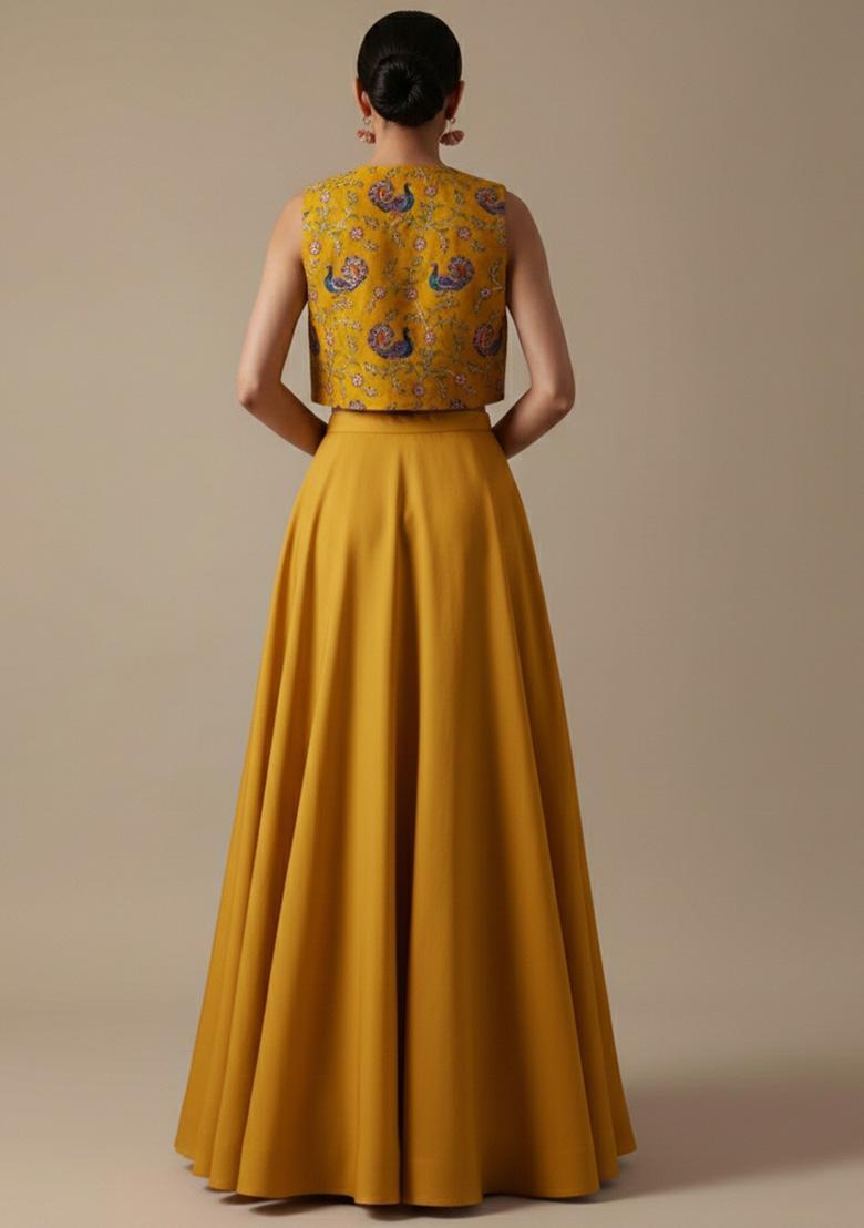 Mustard Figure Print Crepe Lehenga Set - Indya