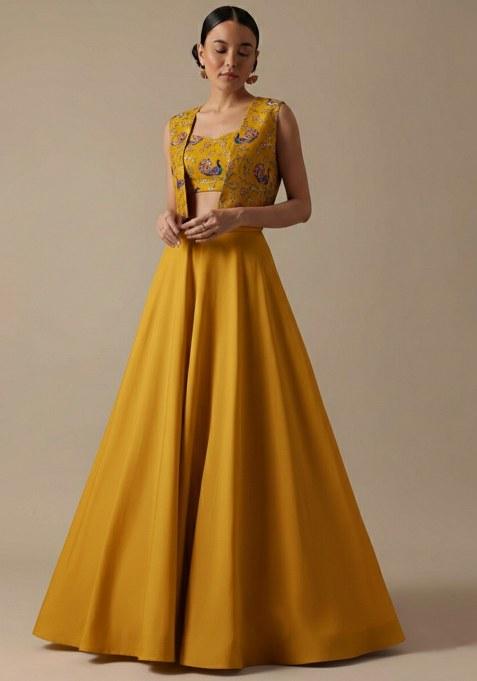 Mustard Figure Print Crepe Lehenga Set